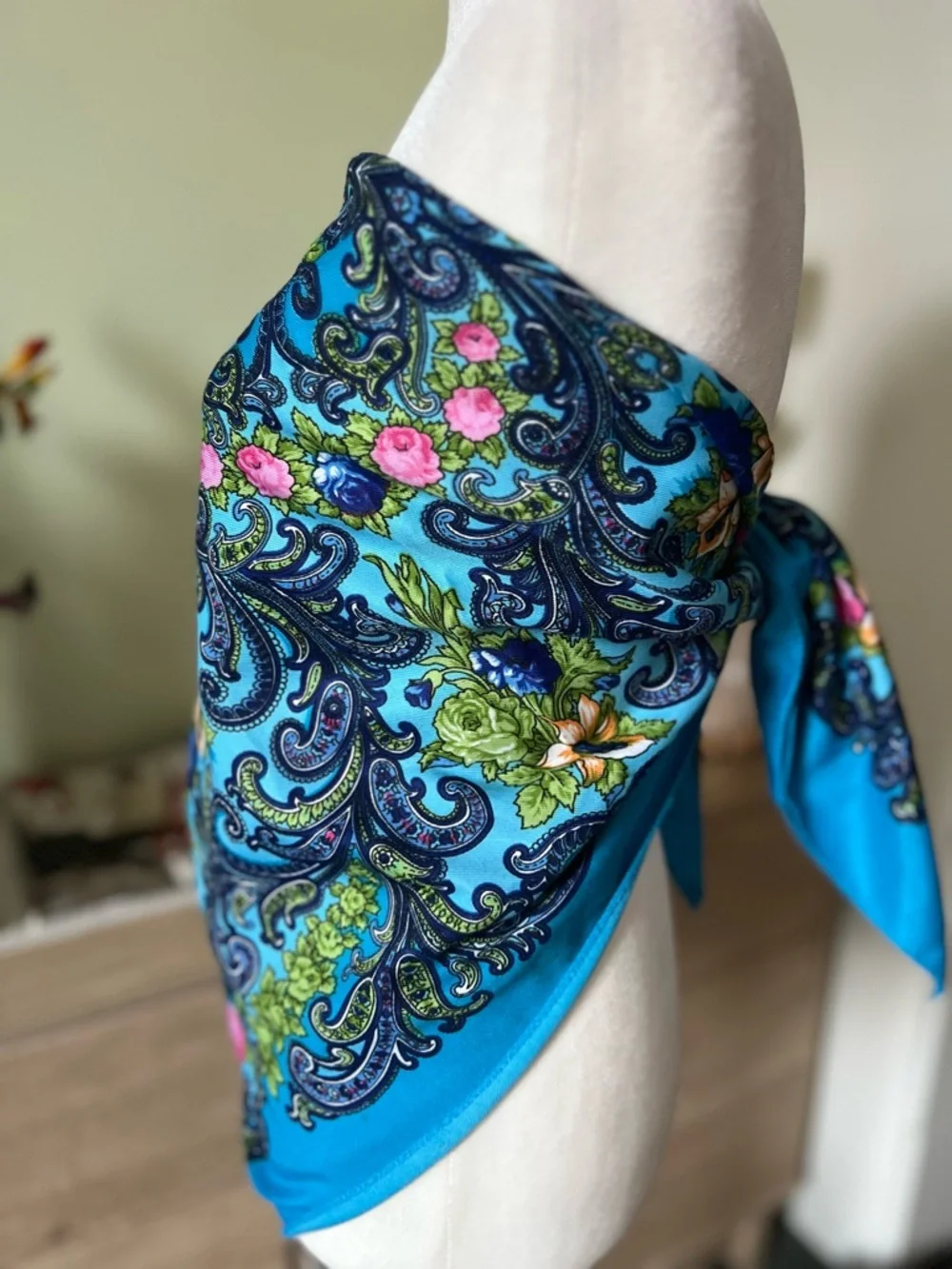 Turquoise Blue Colorful Floral Paisley Multi-Use Scarf Head-Covering Accessory